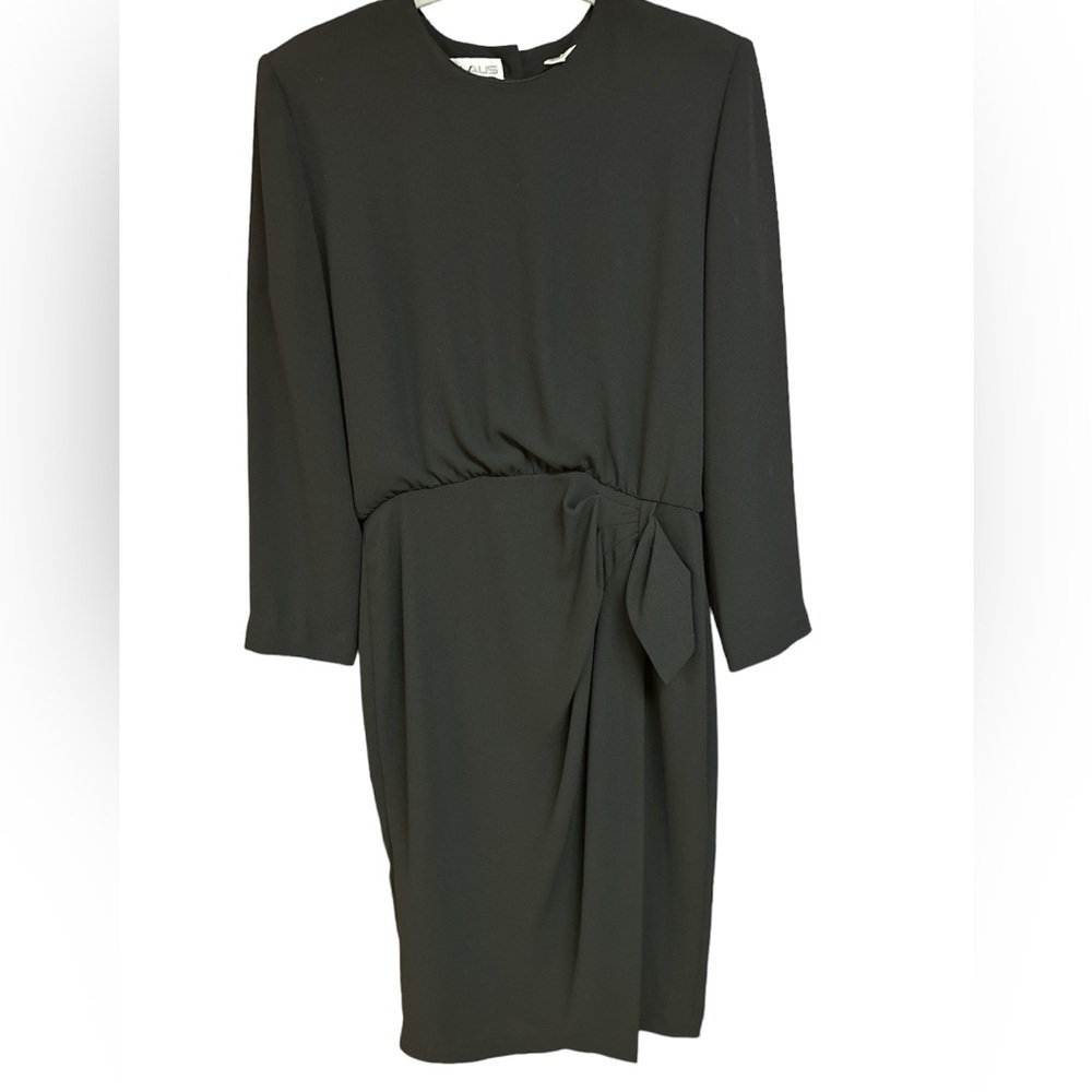 Ms. Chaus Black Dressy Vintage Longsleeved Dress Button/Zipper Back Mock Wrap 10
